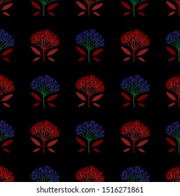 Multicolored geometric seamless pattern with bright viburnum berries and tiny leaves on dark background. Repeat symmetrical botanical pattern. Vector illustration.