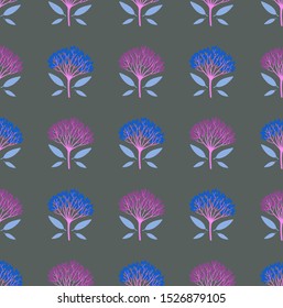 Multicolored geometric seamless pattern with bright viburnum berries and tiny leaves on dark background. Repeat symmetrical botanical pattern. Vector illustration.