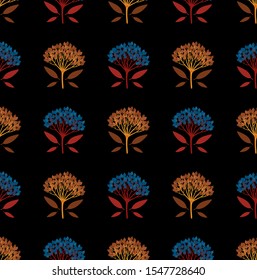 Multicolored geometric seamless pattern with bright viburnum berries and tiny leaves on dark background. Repeat symmetrical botanical pattern. Vector illustration.
