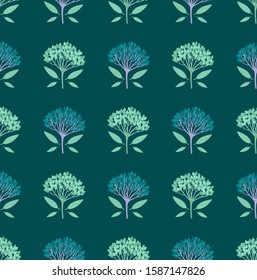 Multicolored geometric seamless pattern with light viburnum berries and tiny leaves on dark background. Repeat symmetrical botanical pattern. Vector illustration.