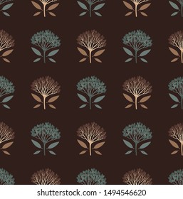 Multicolored geometric seamless pattern with pastel viburnum berries and tiny leaves on dark background. Repeat symmetrical botanical pattern. Vector illustration.