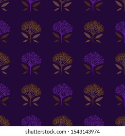 Multicolored geometric seamless pattern with viburnum berries and tiny leaves on dark background. Repeat symmetrical botanical pattern. Vector illustration.