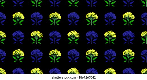 Multicolored geometric seamless pattern with viburnum berries and tiny leaves. Repeat symmetrical botanical pattern. Vector illustration.