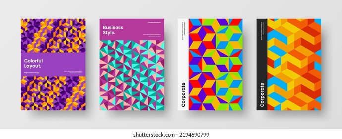 Multicolored geometric shapes annual report template composition. Colorful company cover A4 vector design layout bundle.