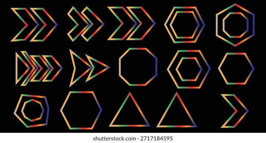 Formas geométricas multicolores y flechas sobre fondo negro
