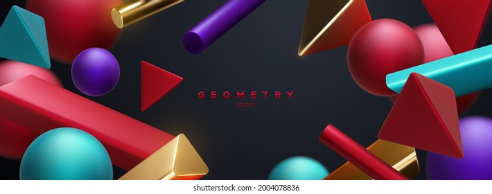 Multicolored geometric shapes backdrop. Abstract elegant background. Vector 3d illustration. Flowing geometry primitives composition. Banner or sign design. Modern futuristic cover template