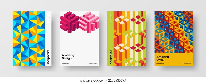 Conjunto de conceptos de folletos de formas geométricas multicolores. Increíble colección de plantillas vectoriales de diseño A4 del volante.