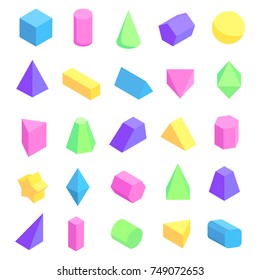 Multicolored geometric shapes depicted on poster, 3d forms of cube, sphere and others on vector illustration isolated on white background