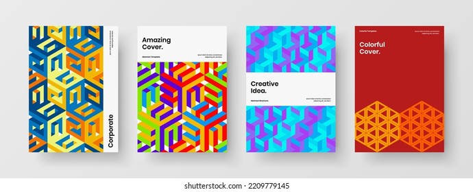 Multicolored geometric shapes placard template bundle. Minimalistic corporate cover A4 design vector illustration composition.