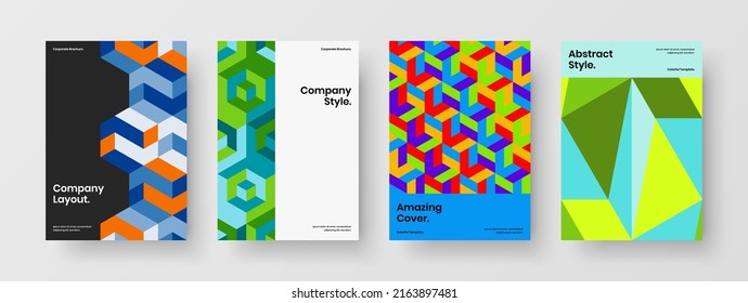 Multicolored geometric shapes presentation concept set. Bright catalog cover A4 vector design template collection.