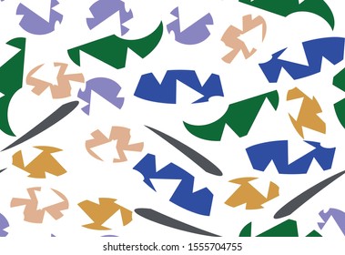 multicolored geometric shapes seamless pattern. Suprematism. cubism. modernism. geometric abstraction. Hawaiian style. palm leaves and flowers. for printing on fabric. blue, yellow, green. architectur