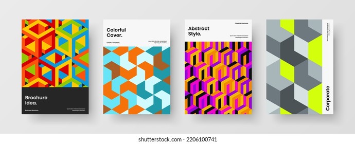 Multicolored geometric tiles booklet template composition. Vivid corporate identity vector design illustration set.