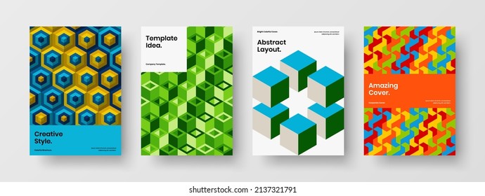 Multicolored geometric tiles handbill layout set. Abstract poster vector design template composition.
