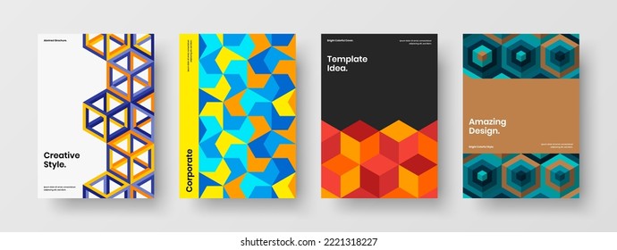Multicolored geometric tiles postcard template collection. Clean journal cover design vector layout set.