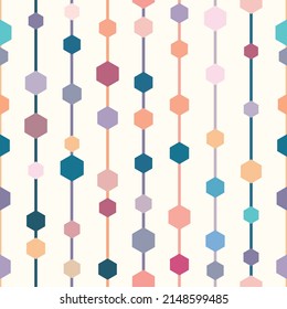 Multicolored geometric vector pattern, seamless repeat, vertical stripes with hexagons, abstract background