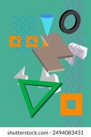 Multicolored geometrical graphic retro theme cover. Minimal geometric elements poster design. Vintage abstract shapes template for poster banner.