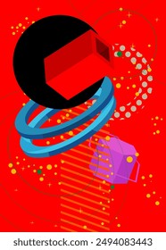 Multicolored geometrical graphic retro theme cover. Minimal geometric elements poster design. Vintage abstract shapes template for poster banner.