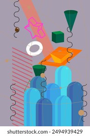 Multicolored geometrical graphic retro theme cover. Minimal geometric elements poster design. Vintage abstract shapes template for poster banner.