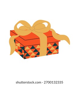 A multicolored gift box with a bow and ribbon on a white background. A festive orange gift box with a yellow bow for New Year's, birthdays, and other occasions.