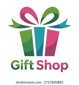 Mehrfarbige Geschenkbox mit Schleife und Geschenkartikelladentext auf weißem Hintergrund Symbol