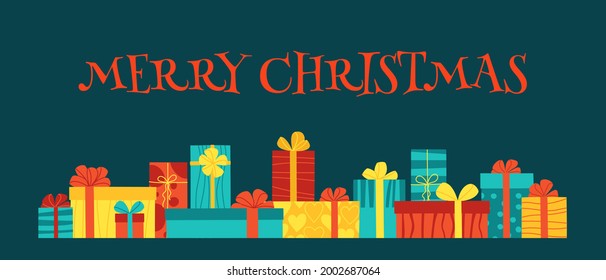 Cajas de regalo multicolores con arcos en un fondo oscuro, letras de navidad. Concepto de tarjeta de saludo o banner para Navidad, Año Nuevo, cumpleaños, venta, invitación. Ilustración vectorial aislada