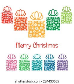 Multicolored gift boxes with snowflakes isolated on white background