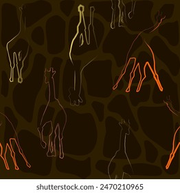 Multicolored giraffes on a dark stained background. Seamless pattern