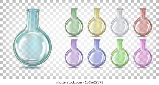 Multi-colored glass laboratory flask round bottom. Vector illustration on a transparent background.