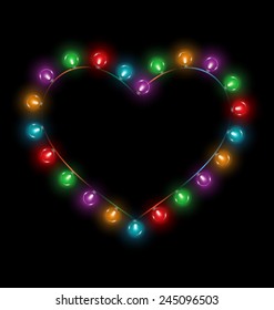 Multicolored glassy lights like heart frame isolated on black background