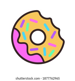 Multicolored glazed donut with a hole. Vector icon outline illustration. Ideal for textile, wrapping paper, cafe, restaurant menu design.