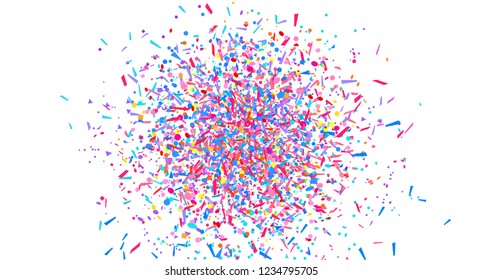 Multicolored glitters on white. Confetti on isolated background. Holiday texture with many elements. Pattern for flyers, banners and textiles. Greeting cards