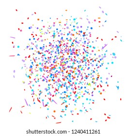 Multicolored glitters on white. Confetti on isolated background. Holiday texture with many elements. Pattern for flyers, banners and textiles. Greeting cards