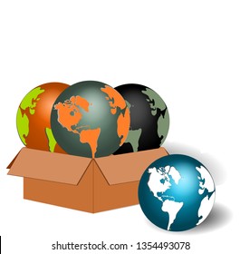 Multicolored globes in brown boxes and drop on the floor, white background, vector images