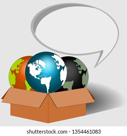 Multicolored globes are in brown boxes and have gray text boxes, vector images