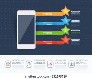 Multicolored Glossy Arrows Template with Business Strategy Flat Web Icons. Website Banner Design and Stats Presentation Elements. Smart Phone Concept Colorful Infographics Shapes Illustration