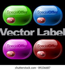 multicolored glossy label rectangular shape with rounded corners in red, blue and green colors