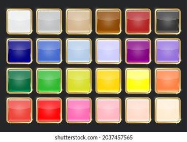 Multicolored glossy square button with gold frame vector illustration