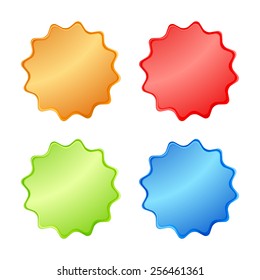 multicolored glossy vector stickers in the shape of a circle with teeth orange, red, green, blue color metal