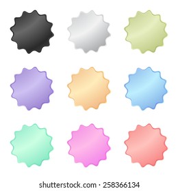 multicolored glossy vector stickers in the shape of a circle with teeth pastel color metal