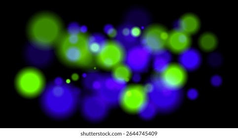 Círculos brilhantes multicoloridos com desfoque no plano de fundo preto. Efeito de profundidade suave com contraste de cores vibrantes.