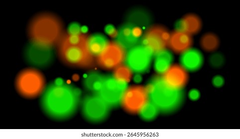 Círculos brilhantes multicoloridos com desfoque no plano de fundo preto. Efeito de profundidade suave com contraste de cores vibrantes.