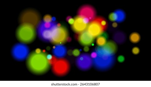 Multicolored glowing circles on dark background. Blurred soft shapes of various sizes create abstract festive atmosphere.