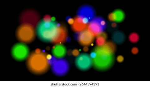 Multicolored glowing circles on dark background. Blurred soft shapes of various sizes create abstract festive atmosphere.