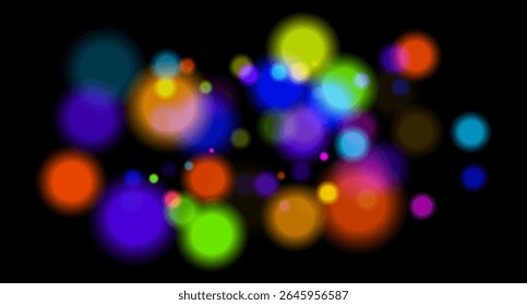 Multicolored glowing circles on dark background. Blurred soft shapes of various sizes create abstract festive atmosphere.