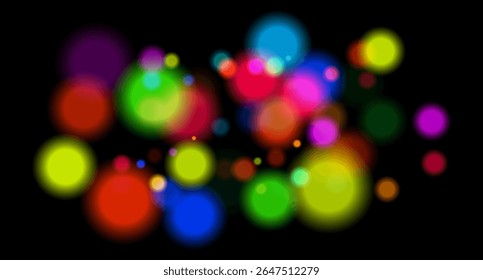 Multicolored glowing circles on dark background. Blurred soft shapes of various sizes create abstract festive atmosphere.