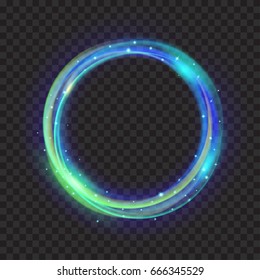 Multicolored glowing fire rings with glitter on transparent background. Light effects. For used on dark backgrounds. Transparency only in vector format
