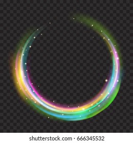 Multicolored glowing fire rings with glitter on transparent background. Light effects. For used on dark backgrounds. Transparency only in vector format