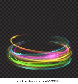 Multicolored glowing fire rings with glitter on transparent background. Light effects. For used on dark backgrounds. Transparency only in vector format
