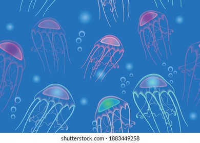 multicolored glowing jellyfish and air bubbles on blue background, seamless vector pattern