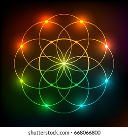 Multicolored glowing neon background with Geometric figures. Abstract vector background, poster, invitation, banner, postcard, card